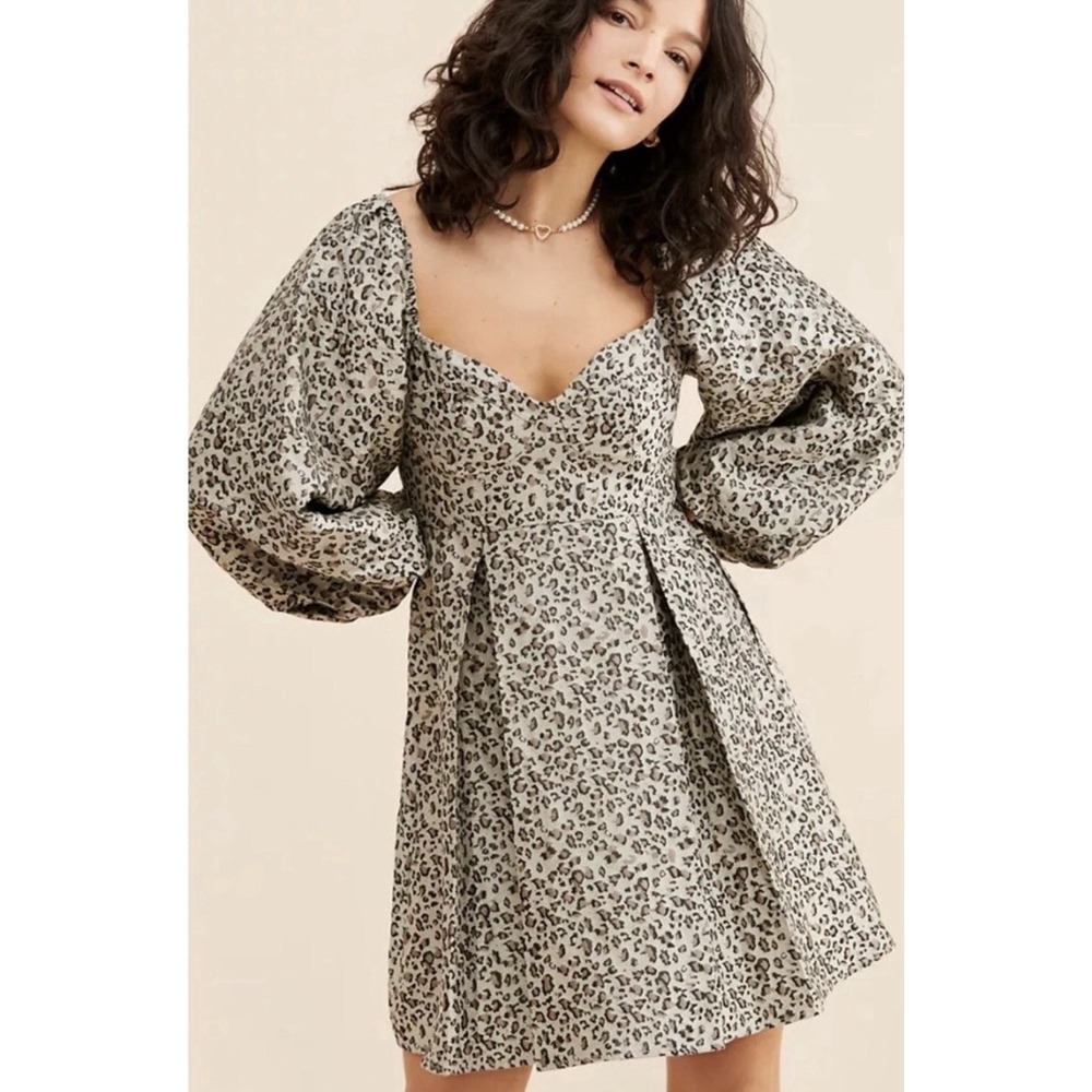 Sister Jane Tempo Leopard Jacquard Mini Dress Balloon Sleeves Sz M Coquette